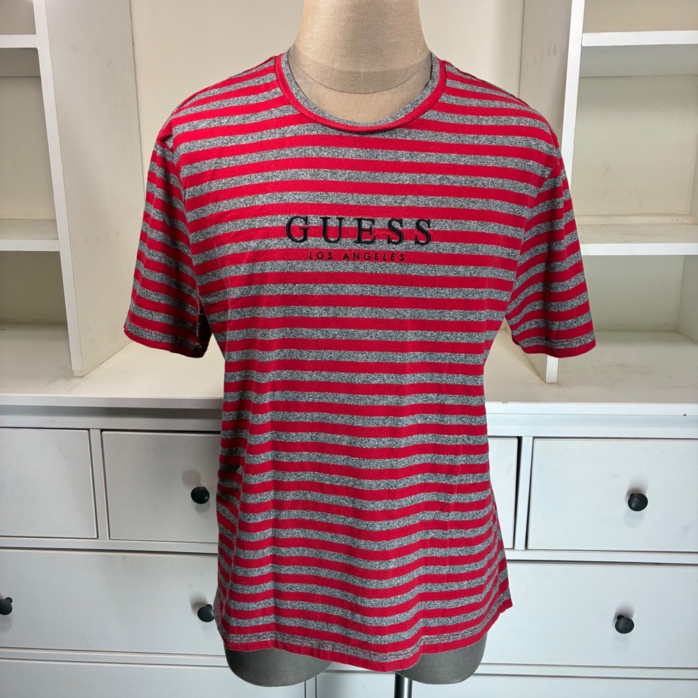 Guess Originals Mens Red Gray Stripe Logo T Shirt Size L